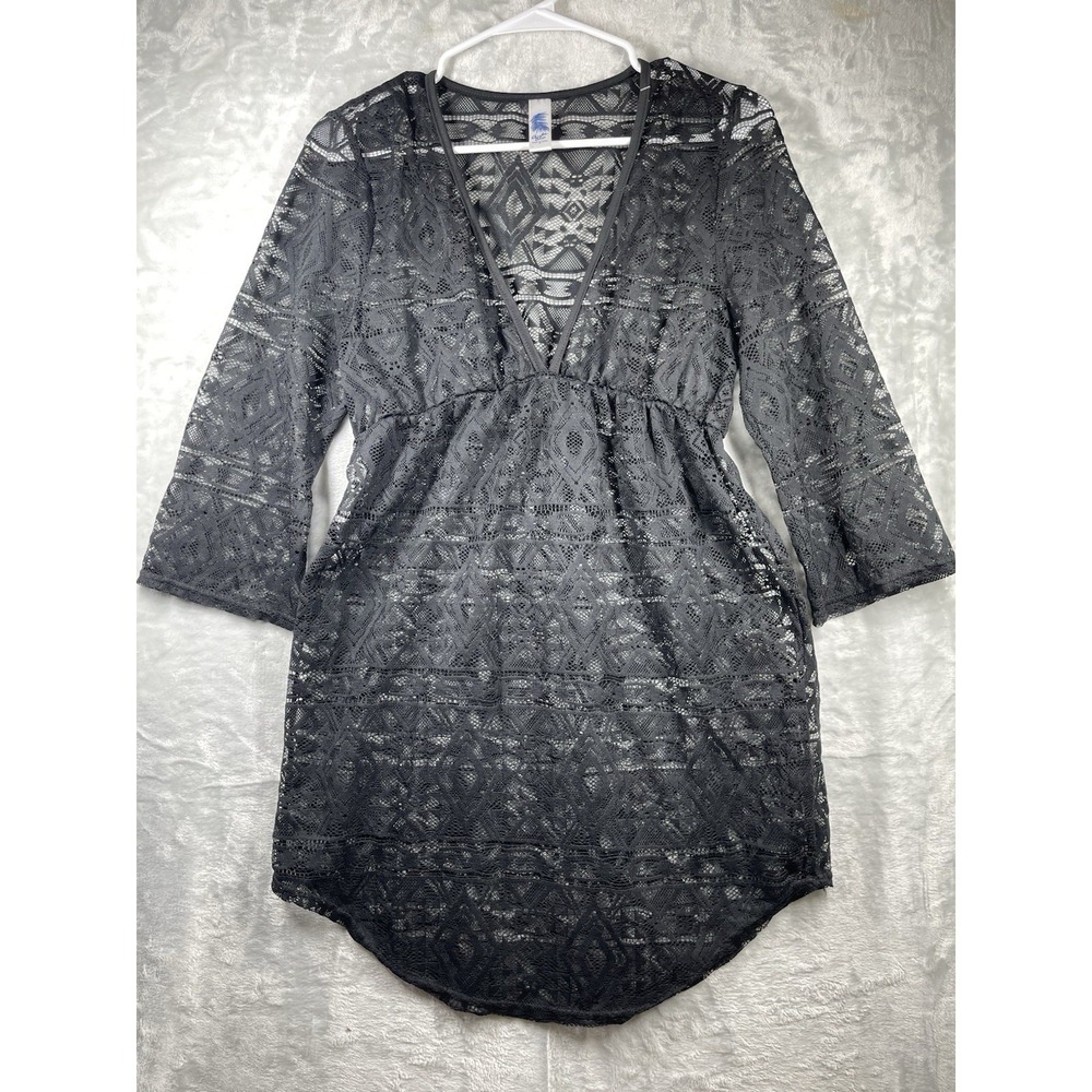 BEACH Swimsuit Coverup Black Lace SIZE Med Aruba Blue Short Sleeve Mini Dress